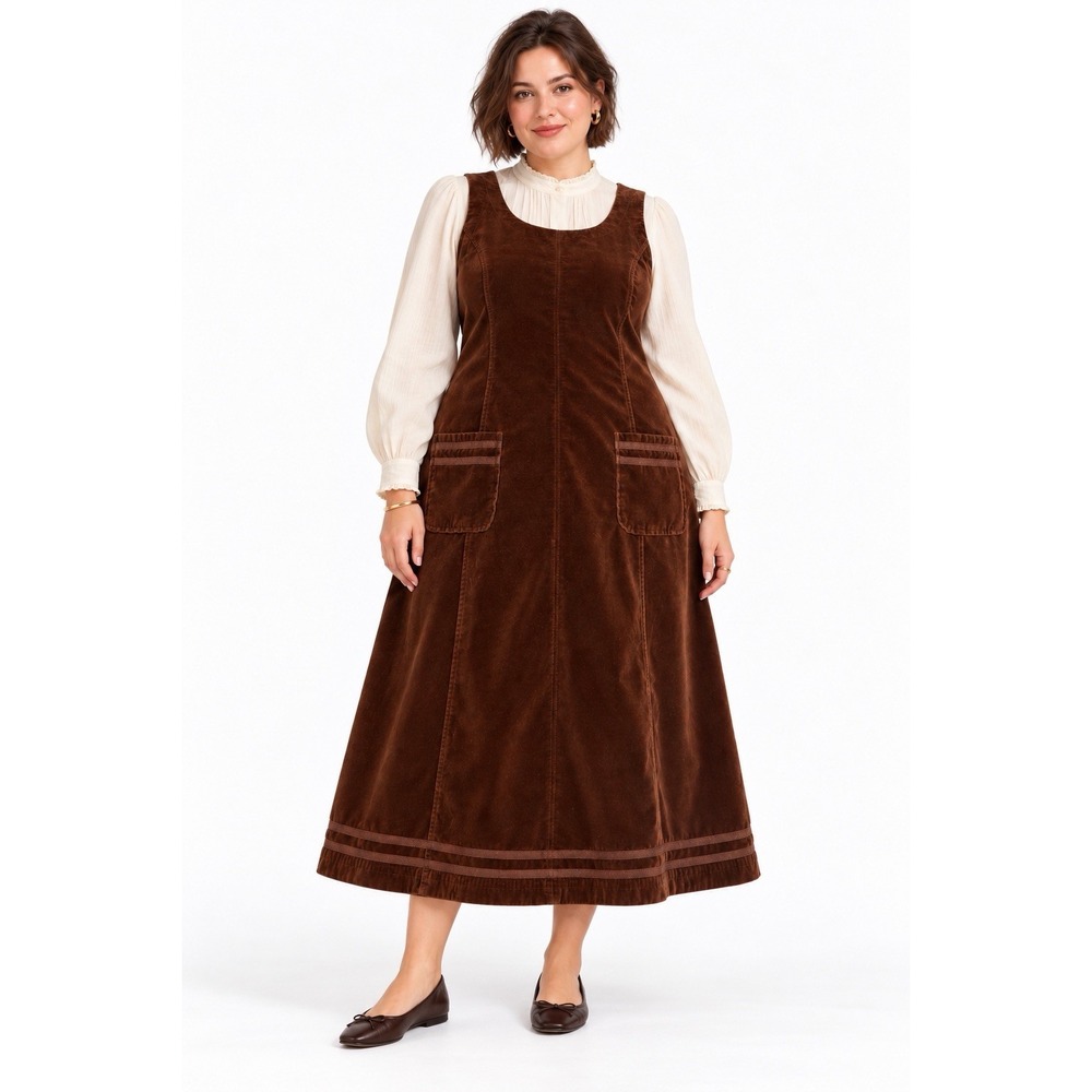 Laura Ashley Brown Velvet Maxi Dress 14 A-Line Pinafore Pockets Cottagecore